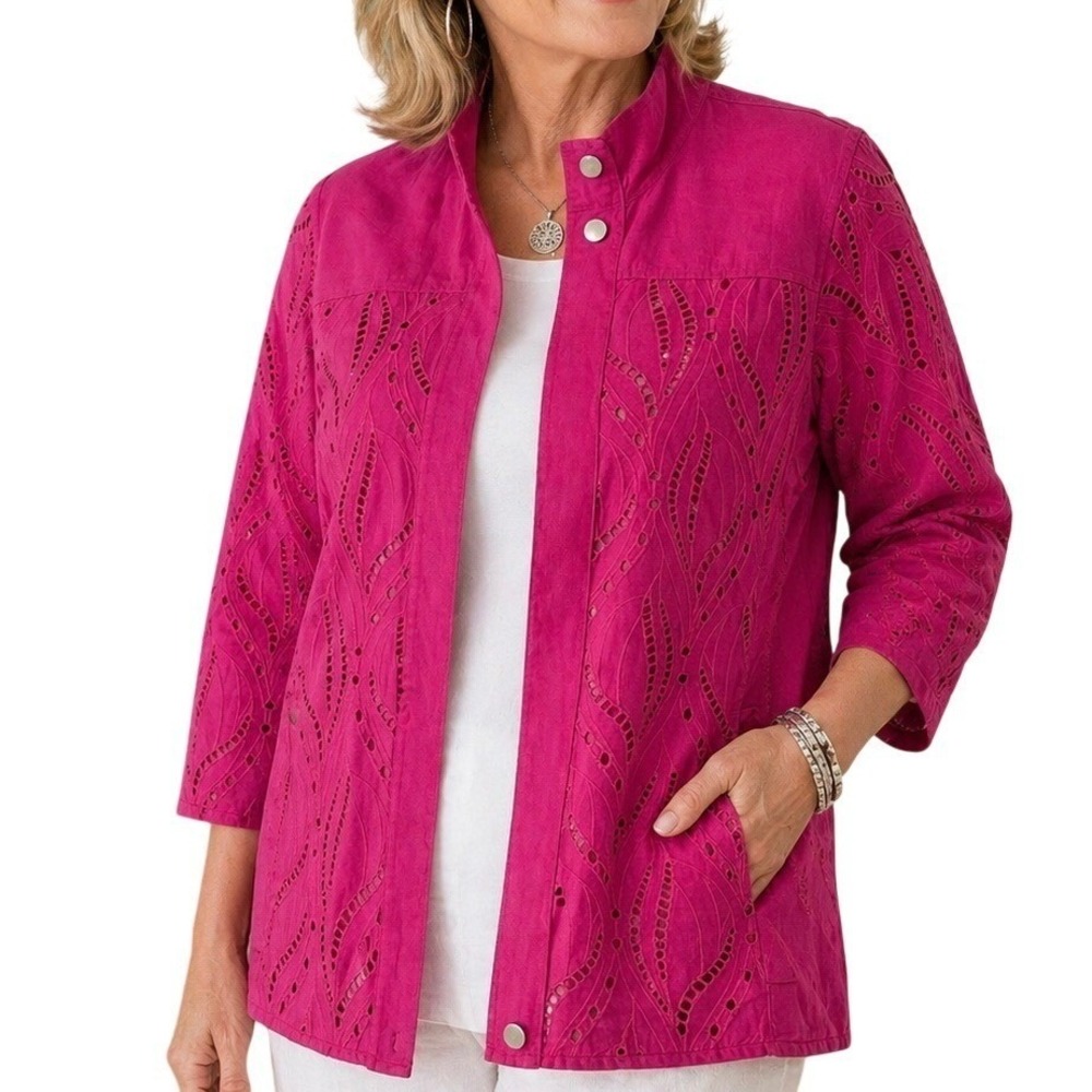 Chicos Linen Eyelet Embroidered Jacket Fuchsia Pink Mock Neck Zip Front Size 3